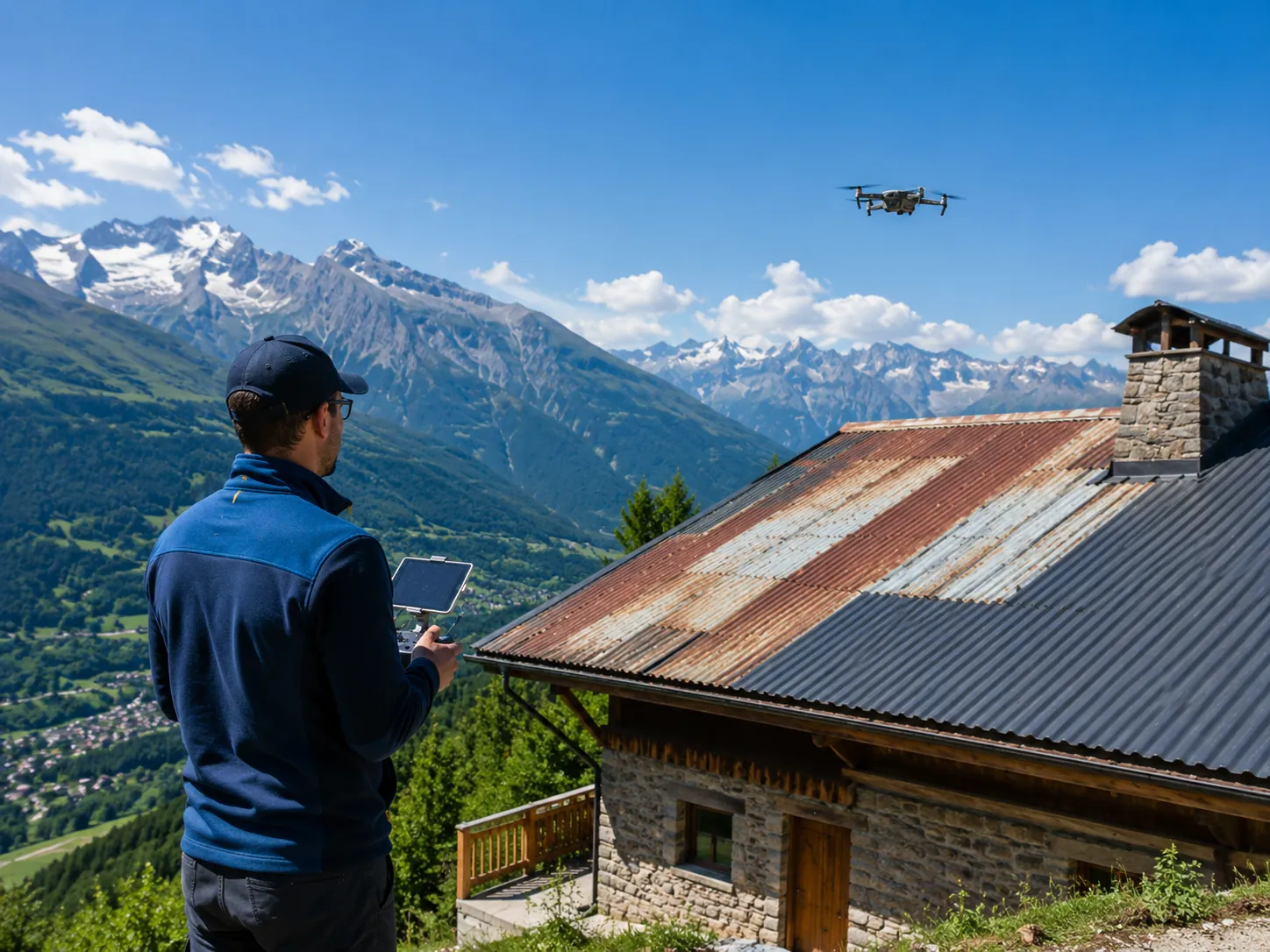 Technicien utilisant un drone pour vérifier une toiture dans les montagnes